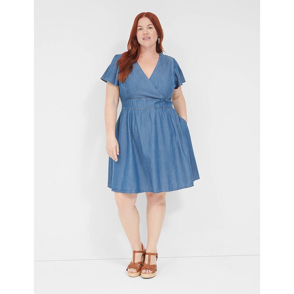 Lane Bryant Lena Denim Surplice Neck Faux‎ Wrap Knee Length Dress Size 16
